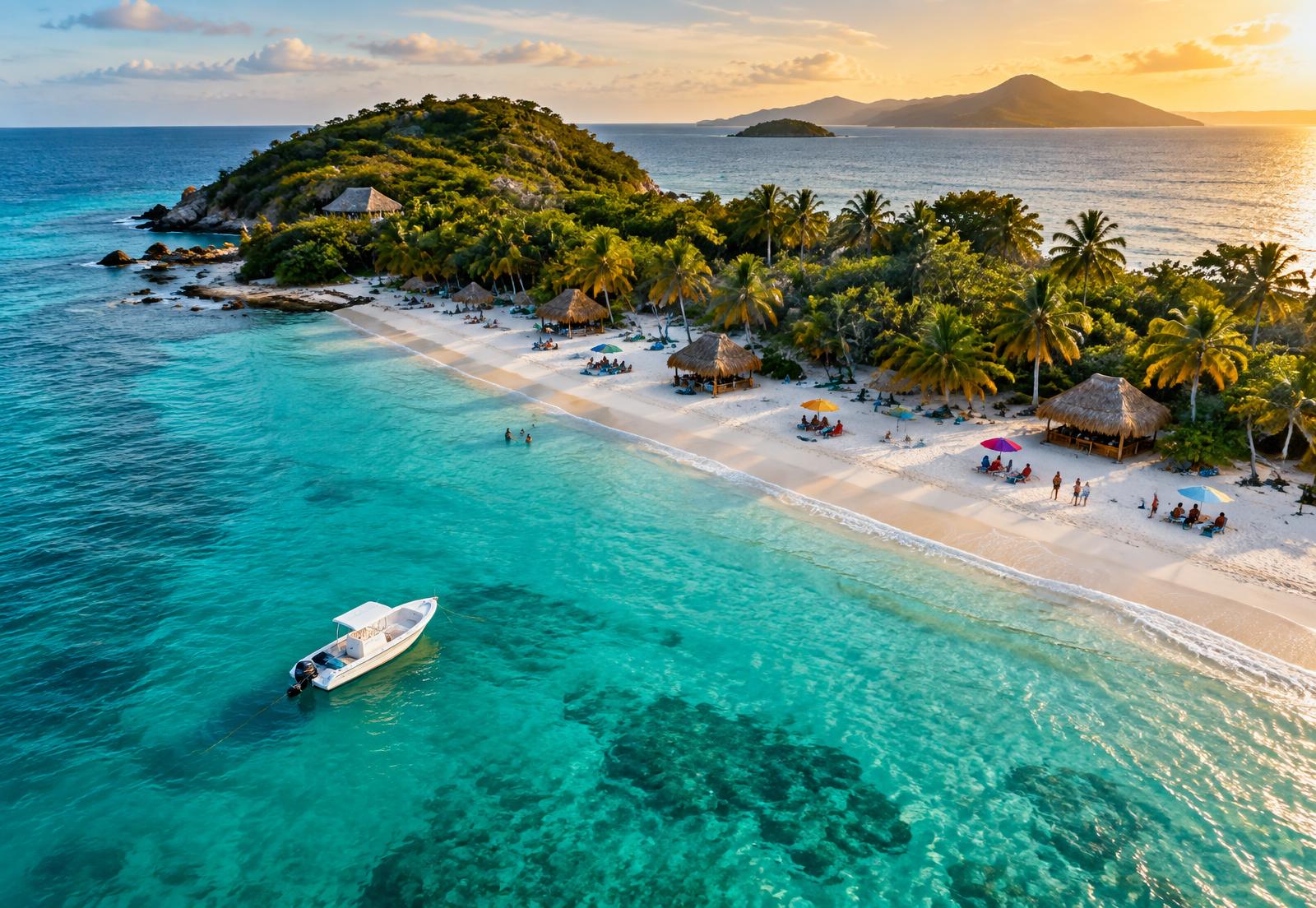 Playa de arena blanca y agua turquesa en Isla Larga